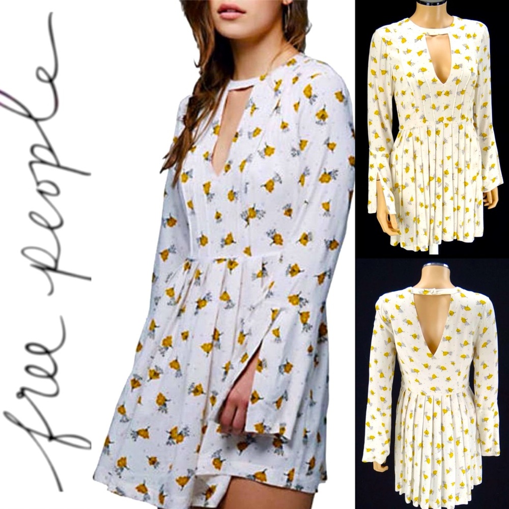 Free People Tegan Floral Printed Dress long sleeve white keyhole tunic mini
